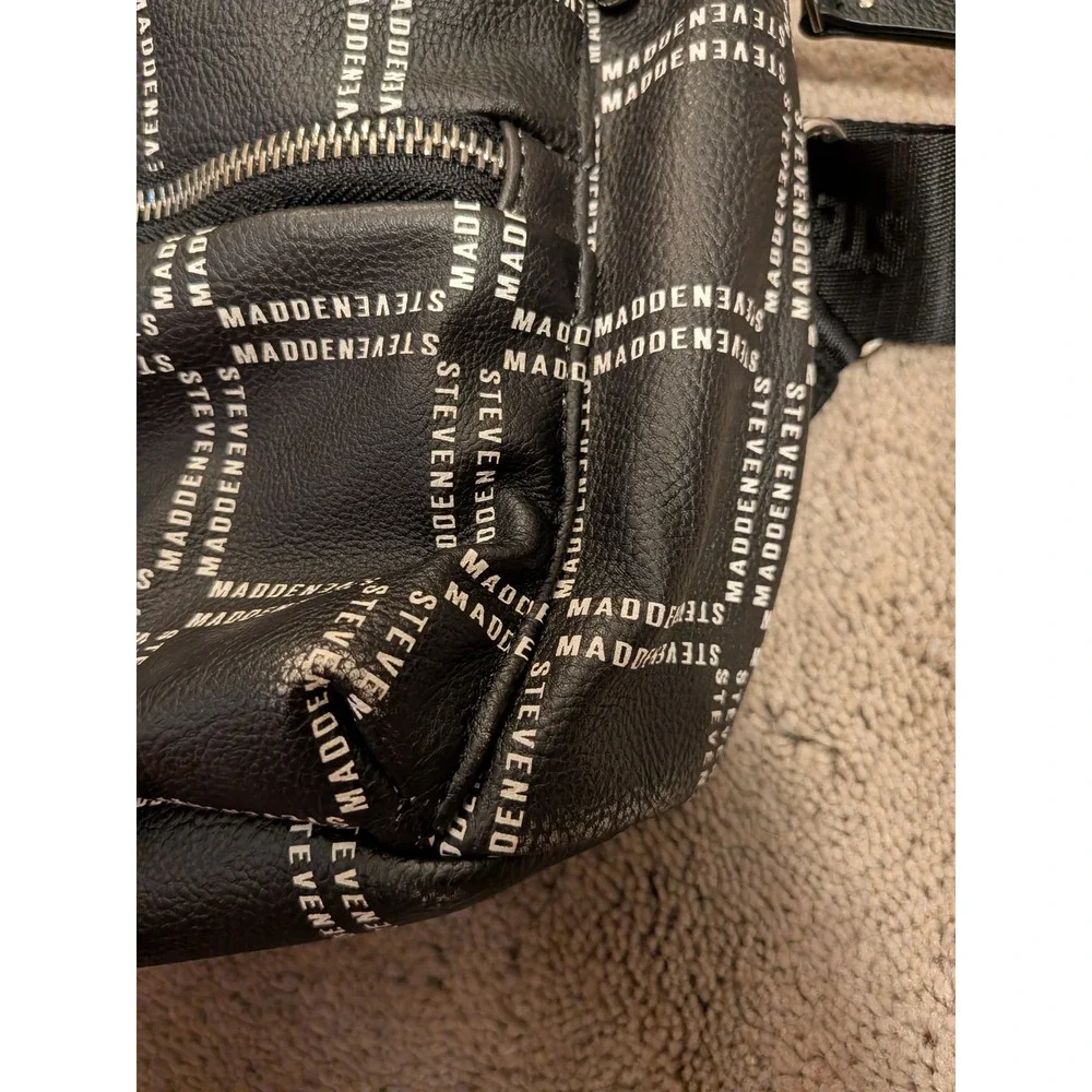 Steve Madden Black Logo Print Pebbled Leather Backpack Front Zip Pockets